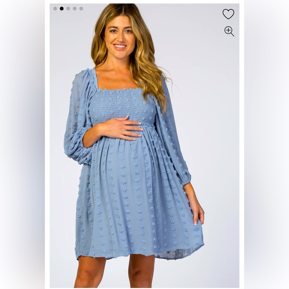 Light Blue Textured Dot Smocked Square Neck Chiffon Maternity Dress PinkBlush
